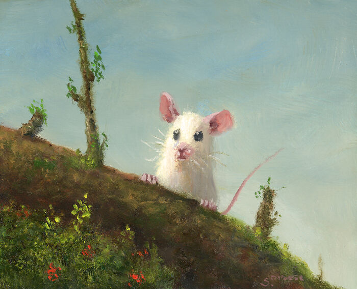 Painting of a mouse peeking over a hill, surrounded by greenery, with a clear sky in the background.