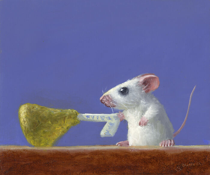 Painting of a mouse pulling cheese, showcasing playful shenanigans with a humorous twist against a purple background.