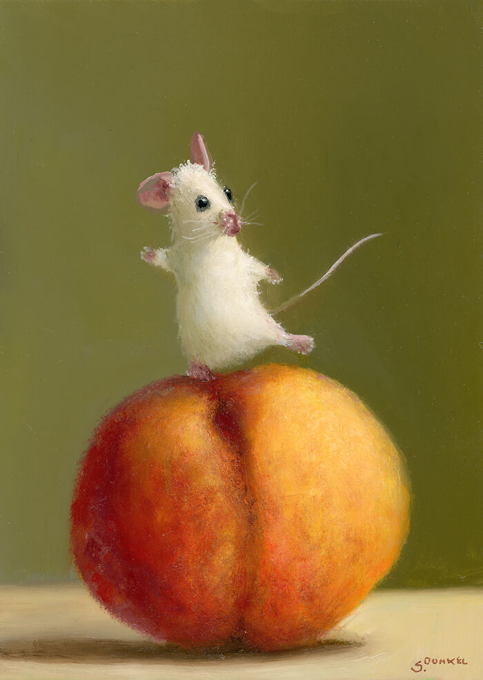 A painting of a mouse standing on a peach, showcasing adorable shenanigans by the artist.