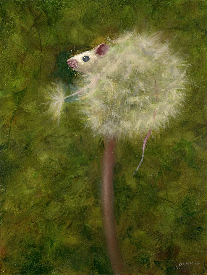 Painting of a cute mouse nestled in a dandelion on a green background, illustrating playful shenanigans.