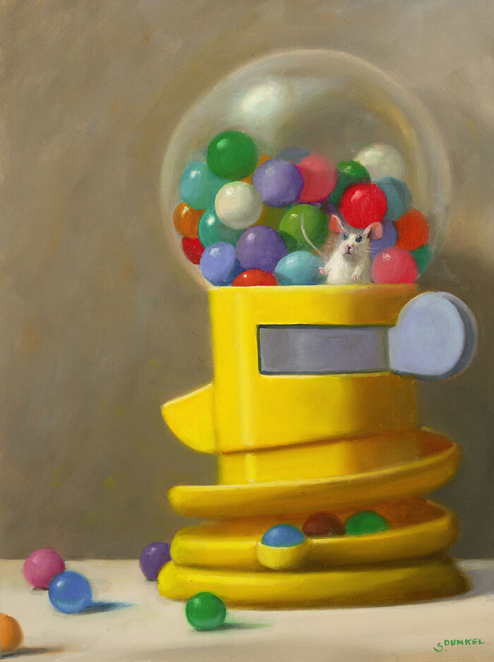 Painting of a mouse in a gumball machine, surrounded by colorful balls in a playful scene.