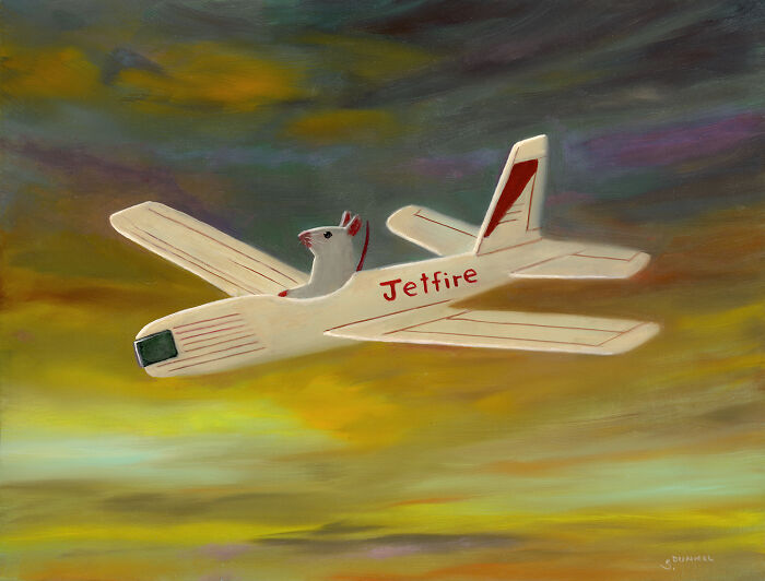 Painting of a mouse piloting a plane named Jetfire, showcasing whimsical shenanigans in a colorful sky.