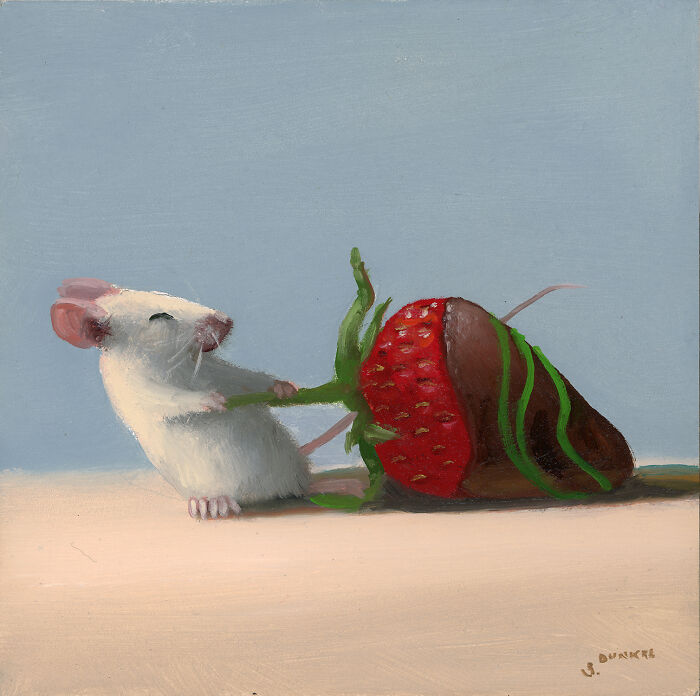 Painting of a mouse with a chocolate-covered strawberry in its paws, creating an adorable scene.