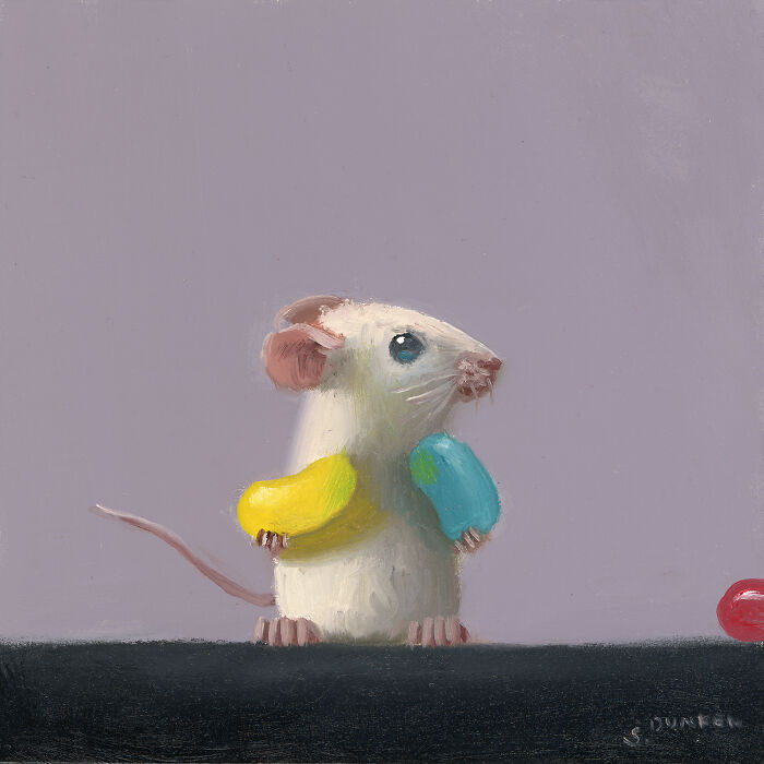 A painting of a cute mouse with colorful life rings, showcasing whimsical shenanigans.