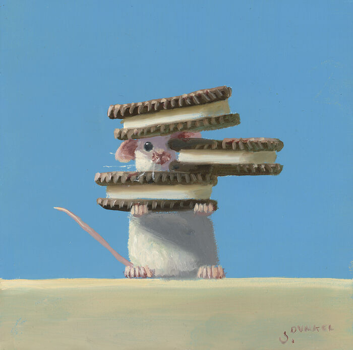 Painting of an adorable mouse holding a stack of cookies against a blue background.