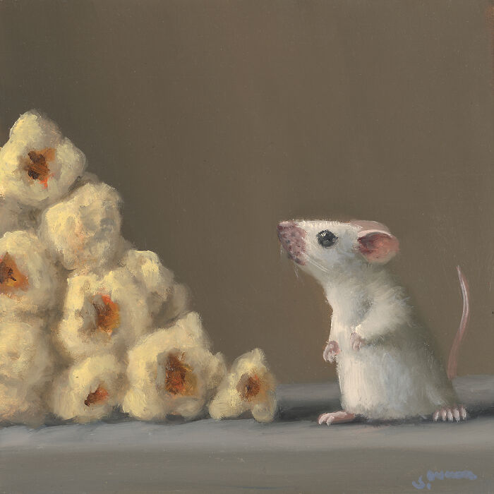 Painting of a cute mouse next to a pile of popcorn, showcasing its adorable shenanigans.