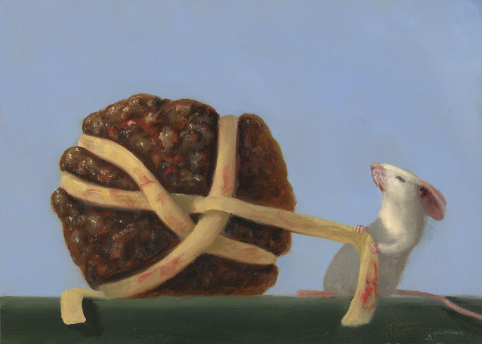 A painted mouse doing shenanigans, pulling a large wrapped object against a blue sky backdrop.