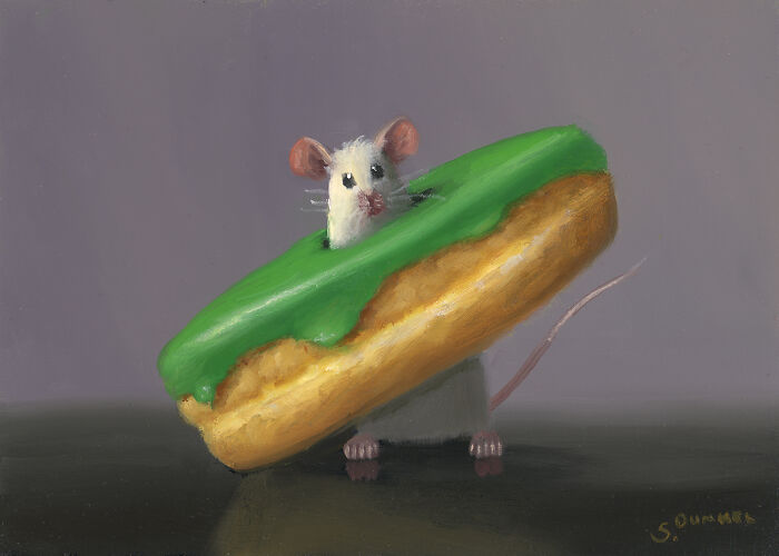 A painting of a cute mouse peeking through a green-frosted donut, showcasing artistic shenanigans.