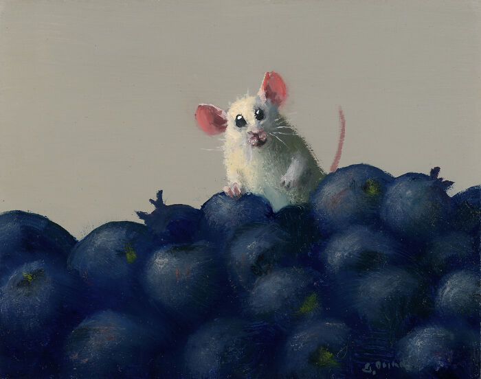 Painting of an adorable mouse on a pile of blueberries, showcasing artistic shenanigans.