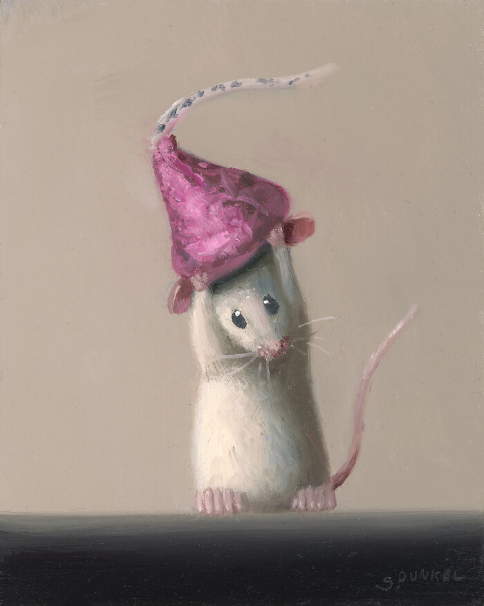 Painting of a mouse in a pink hat, part of an adorable art series featuring mouse shenanigans.