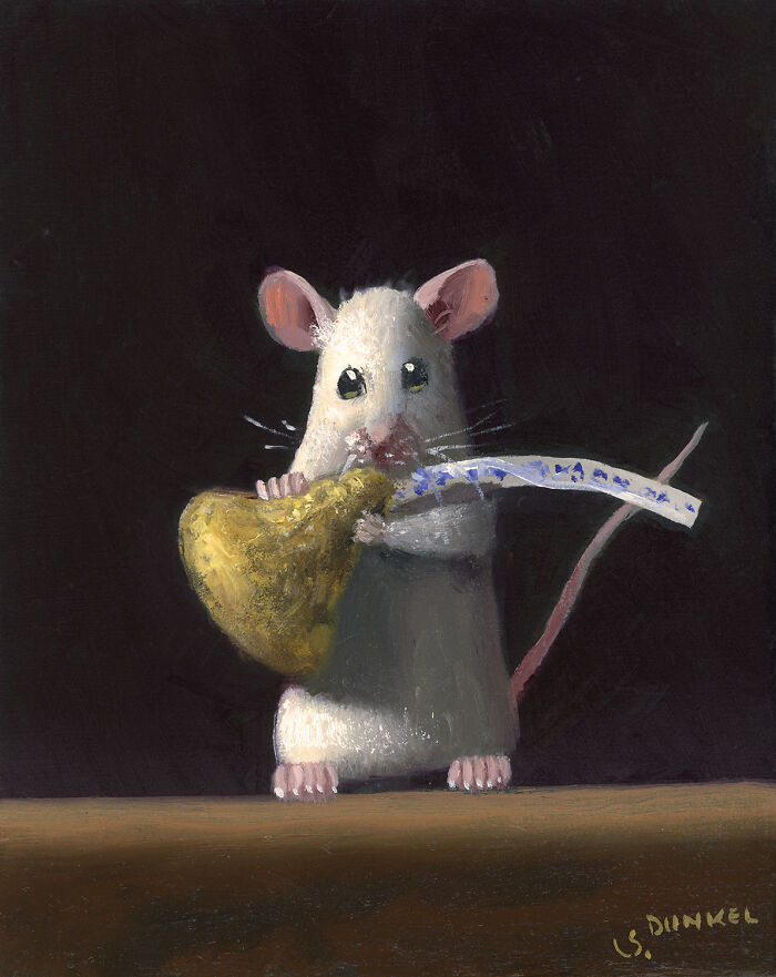 Painting of a cute mouse holding a yellow object, showcasing creative shenanigans on a dark background.
