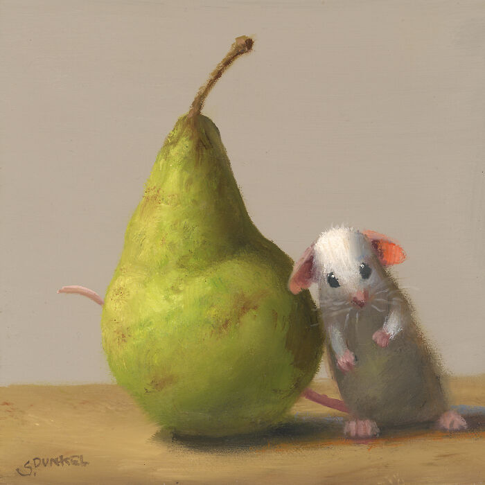 Painting of a cute mouse standing beside a large pear, showcasing playful shenanigans.