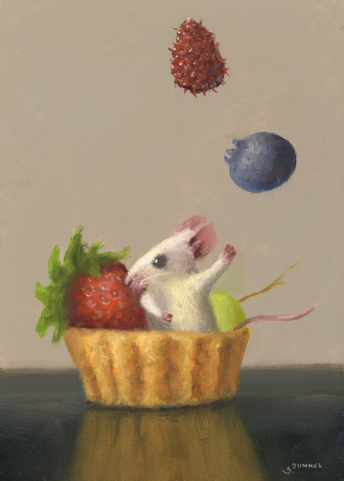 Painting of a mouse in a fruit basket with berries, showcasing adorable shenanigans.