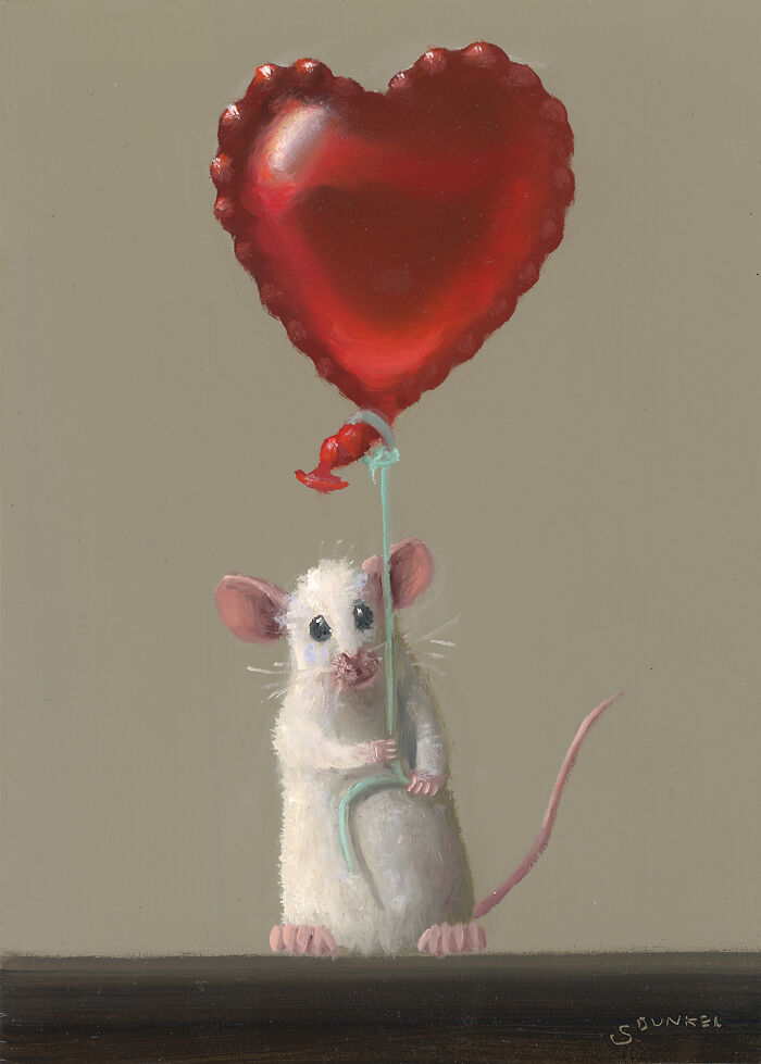 Adorable painting of a mouse holding a red heart-shaped balloon against a plain background.