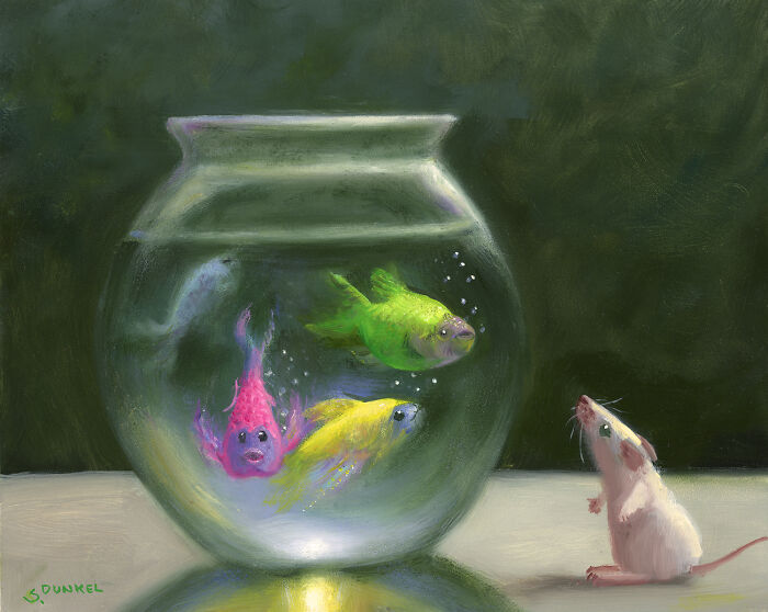 Mouse observing colorful fish in a bowl, painted by artist depicting adorable shenanigans.