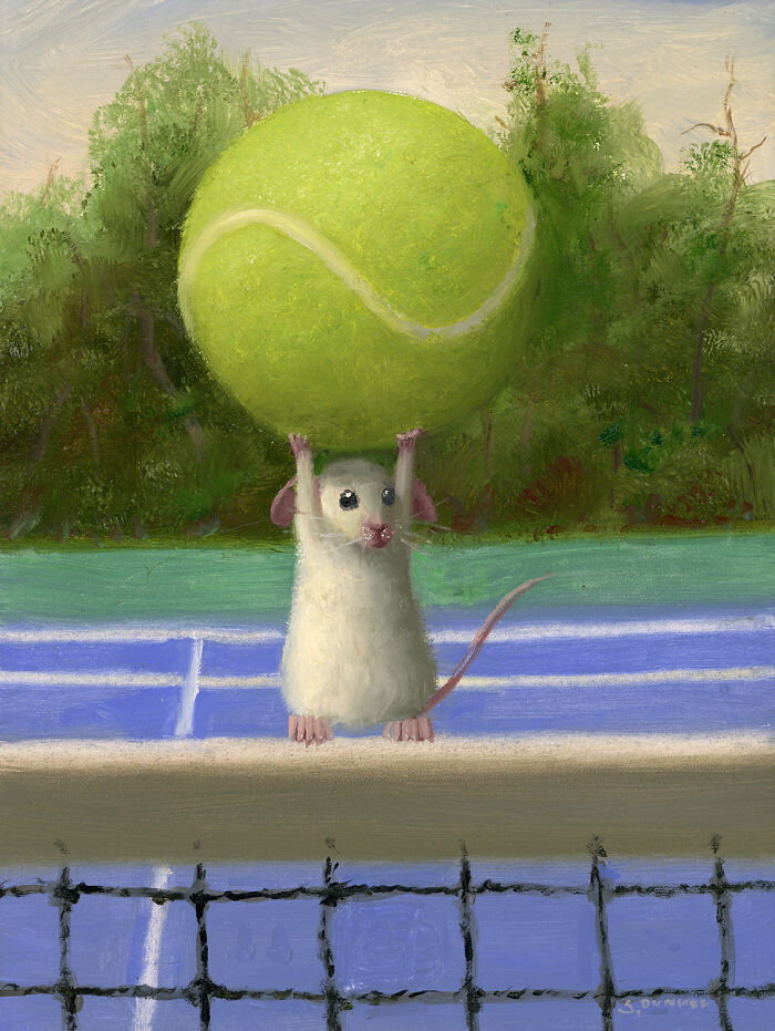 Mouse in a painting holds a giant tennis ball on a court, showcasing adorable shenanigans.