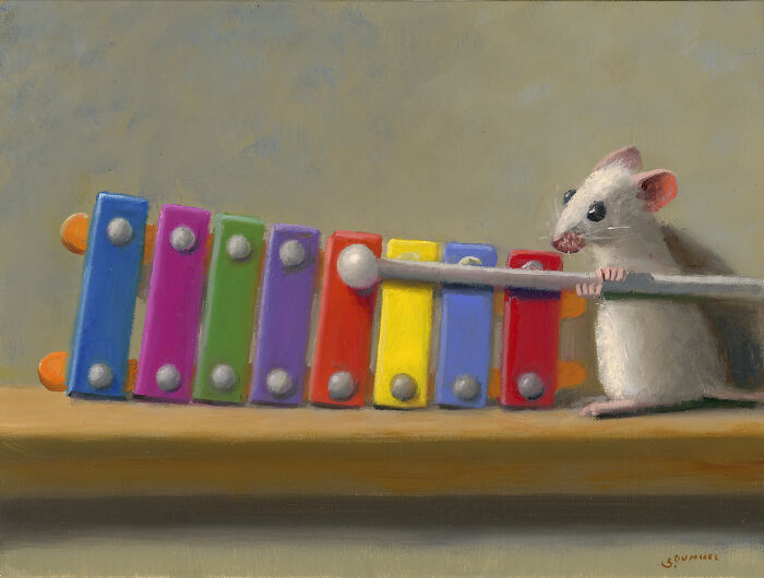 Painting of a mouse playing a colorful xylophone, capturing adorable shenanigans by the artist.
