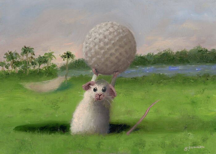 Mouse holding a large golf ball on a green field, showcasing adorable antics in a whimsical painting.