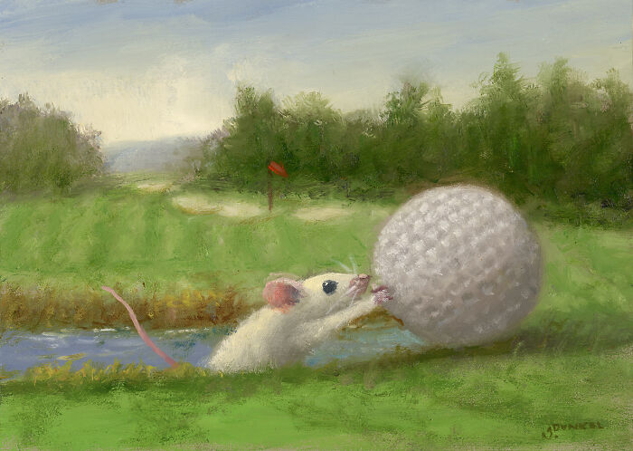 A painting of a mouse playfully pushing a large golf ball on a grassy field, showcasing adorable shenanigans.