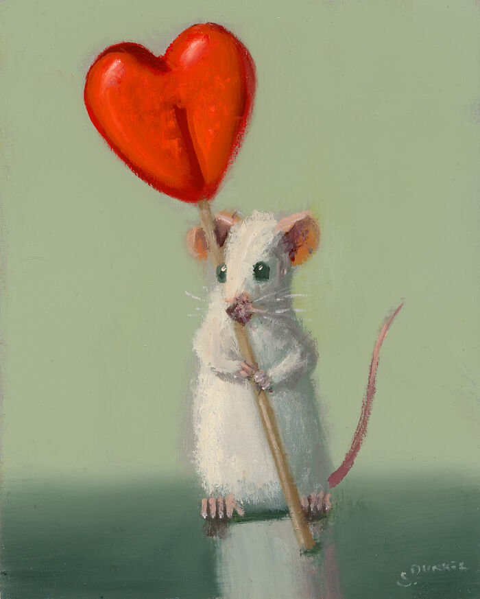 Painting of a mouse holding a heart-shaped balloon, showcasing adorable antics.