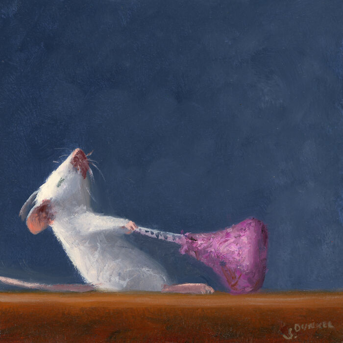 Painting of a mouse pulling a pink cloth, illustrating adorable shenanigans.