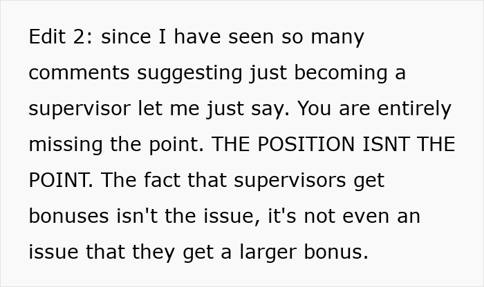 Text highlighting workplace bonus disparity, focusing on supervisor bonuses versus employee store discounts. Text highlighting workplace bonus disparity, focusing on supervisor bonuses versus employee store discounts.