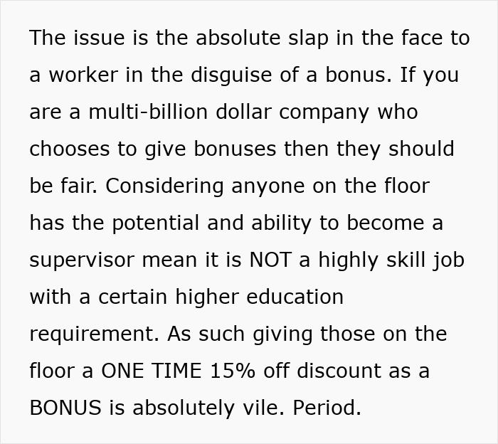 Text describing unfair bonus for worker; emphasis on inequitable store discount vs. manager's $11k bonus. Text describing unfair bonus for worker; emphasis on inequitable store discount vs. manager's $11k bonus.