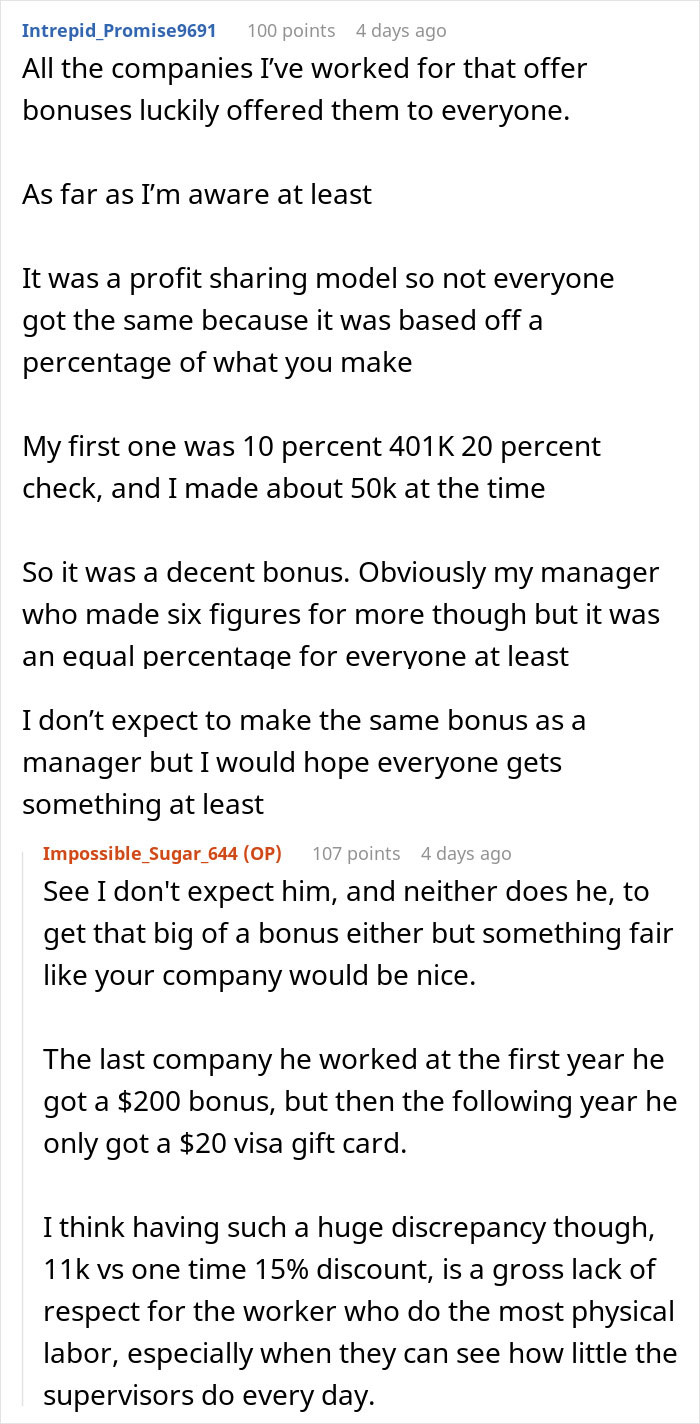 Text exchange discussing work bonuses, highlighting a store discount and manager's large bonus discrepancy. Text exchange discussing work bonuses, highlighting a store discount and manager's large bonus discrepancy.