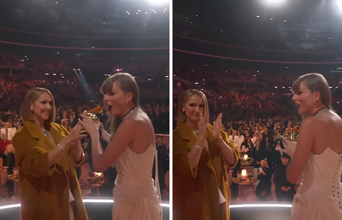 Taylor Swift and Celine Dion on stage at an awards show.