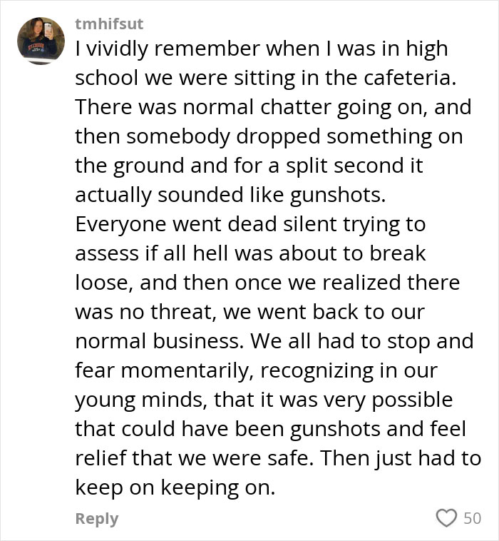 Gen Z user recounts high school experience in comment with 50 likes, discussing reactions to potential gunshot sounds. Gen Z user recounts high school experience in comment with 50 likes, discussing reactions to potential gunshot sounds.