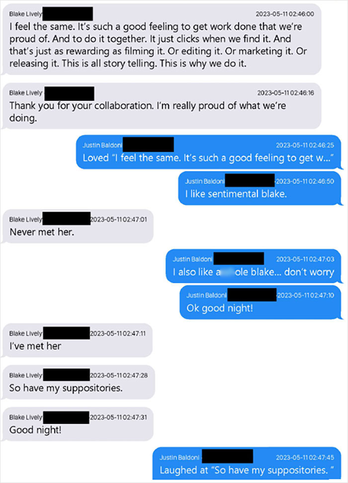 "Flirty text exchanges between Blake Lively and Justin Baldoni discussing work satisfaction and collaboration.