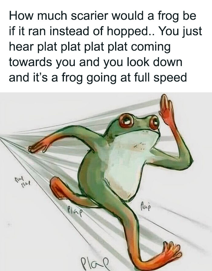 A cartoon frog running at full speed with exaggerated limbs, accompanied by the sound "plat plat plat."