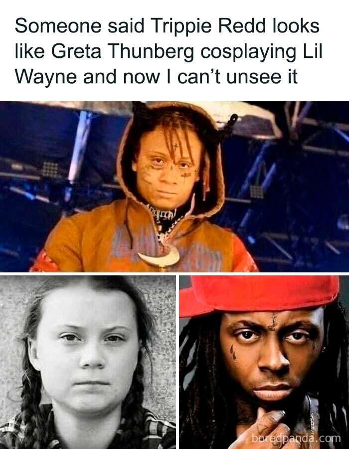 Collage humorously comparing Trippie Redd, Greta Thunberg, and Lil Wayne as part of an unexpected mash-up.