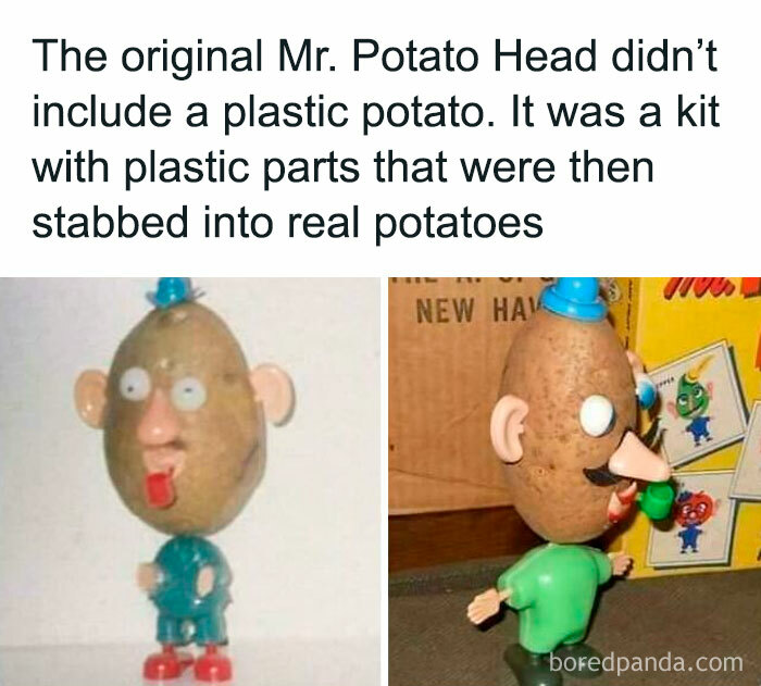 Original Mr. Potato Head kit with real potatoes and plastic parts, showcasing early toy design.