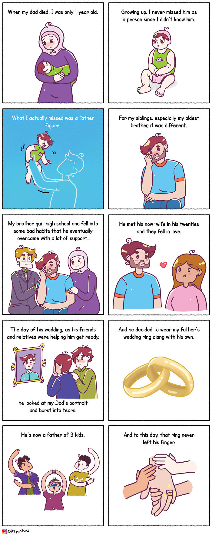 Comics illustrating relatable moments from everyday life, depicting family dynamics and emotional growth.