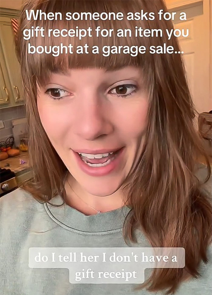 Woman in kitchen reacting to request for gift receipt related to thrifted boots gift to MIL. Woman in kitchen reacting to request for gift receipt related to thrifted boots gift to MIL.