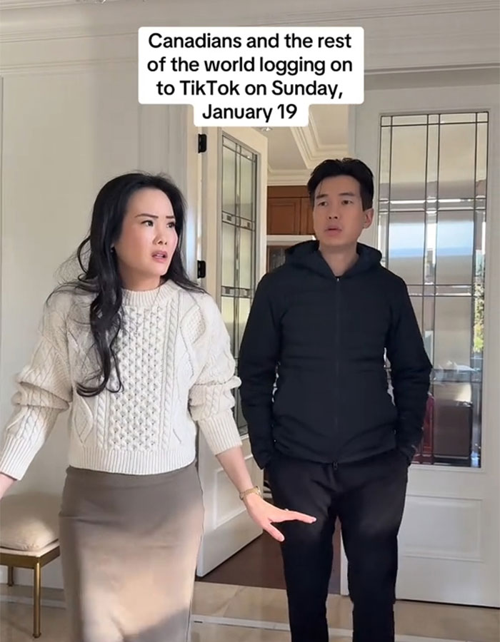 Two people reacting to the TikTok US ban, standing indoors with surprised expressions.
