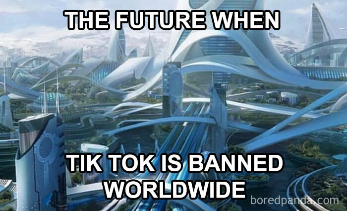 Futuristic cityscape with text about TikTok being banned worldwide.