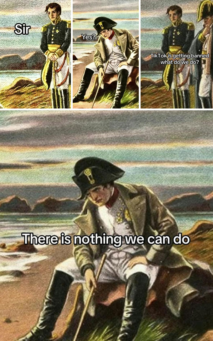 Painting of people discussing TikTok ban and reactions, with captions expressing concern and helplessness.