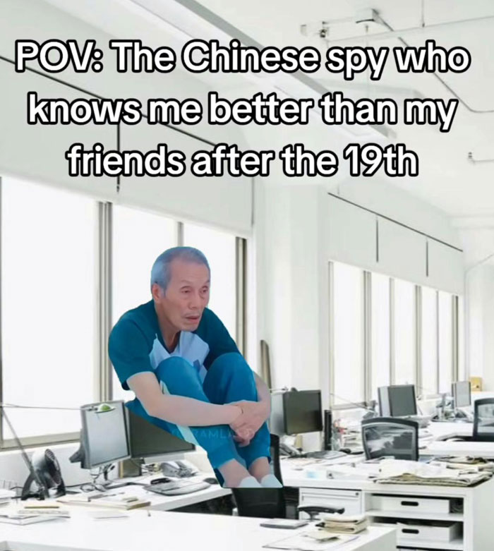 Person sitting in an office chair with text overlay, reacting to potential TikTok ban in America.