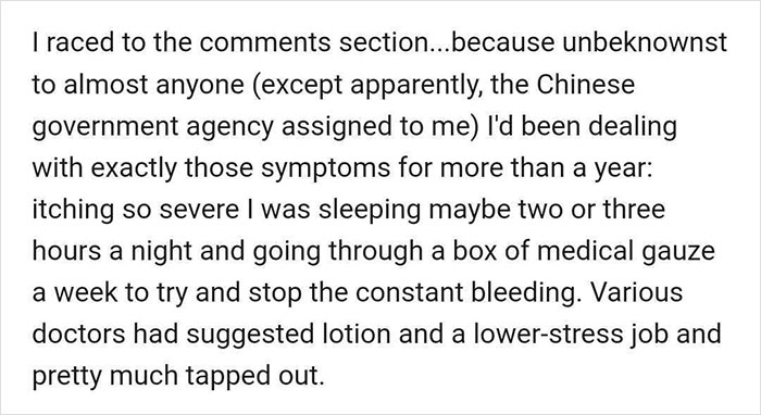 Text about a woman's severe itching symptoms and attempted remedies, highlighting TikTok's role in finding a solution.