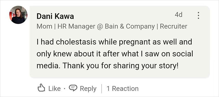 Comment expressing gratitude for learning about cholestasis during pregnancy through social media, crediting TikTok for vital info.