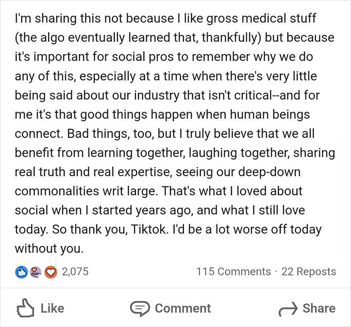 Text post thanking TikTok, reflecting on the positive connections and learning the platform enables.