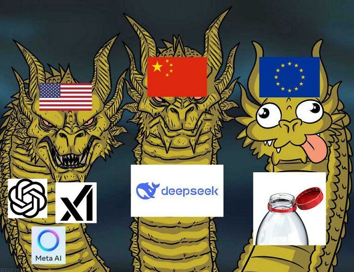 Three-headed dragon meme with DeepSeek logo on center head, surrounded by AI chatbot logos.