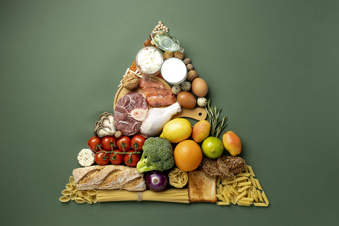 Food pyramid illustration with various foods, relating to biggest scam in human history.
