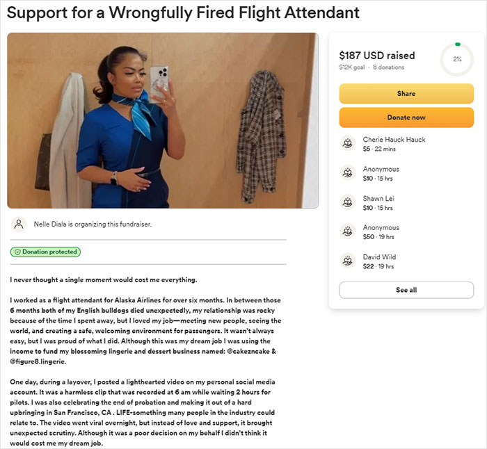 Flight attendant fundraising online after being fired, aiming to support her new lingerie business with a GoFundMe page. Flight attendant fundraising online after being fired, aiming to support her new lingerie business with a GoFundMe page.
