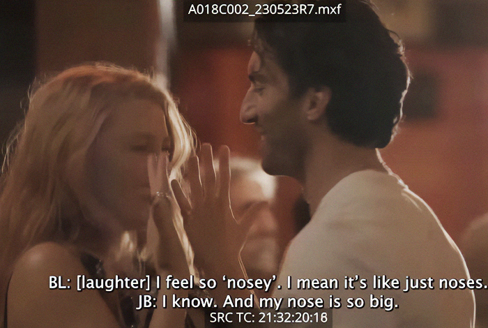 Two people laughing and talking closely, with captions discussing noses, related to intimacy coordinator discussion. Two people laughing and talking closely, with captions discussing noses, related to intimacy coordinator discussion.