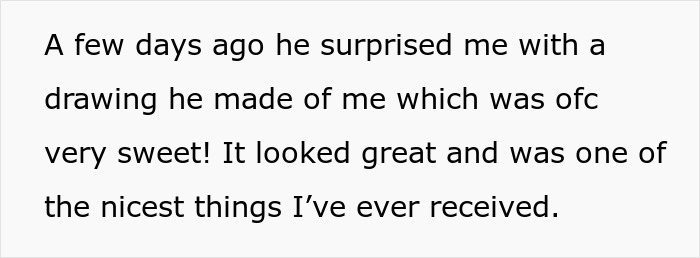 Text about a person receiving a sweet drawing from a friend, discussing mending their friendship with a surprise.