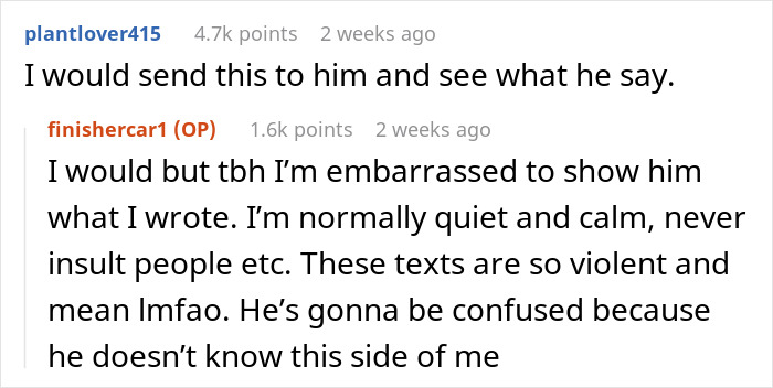 Comments discussing feelings and embarrassment about revealing personal texts.