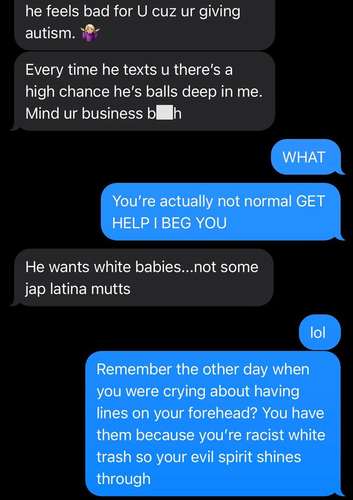 Text conversation between two people discussing personal issues and conflicts.